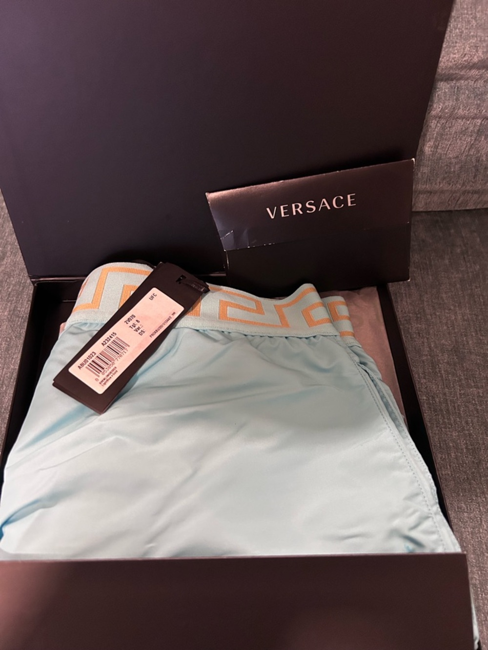 Versace Turquoise Swim Trunks with Gold Waistband - Picture 7 of 9